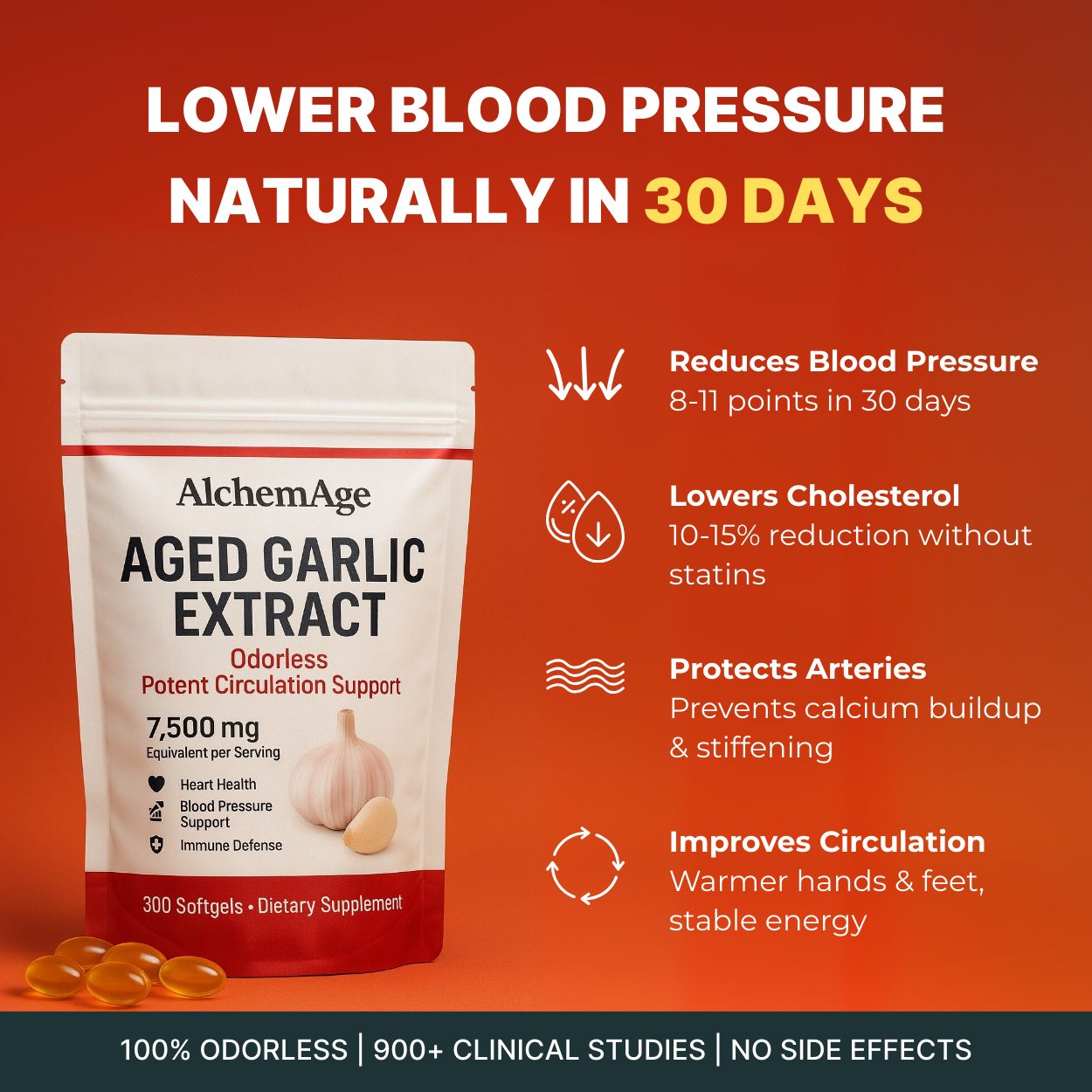 Blood Pressure Supplement - Aged Garlic Extract 7500mg - Odorless - AlchemAge - 30 Day Supply