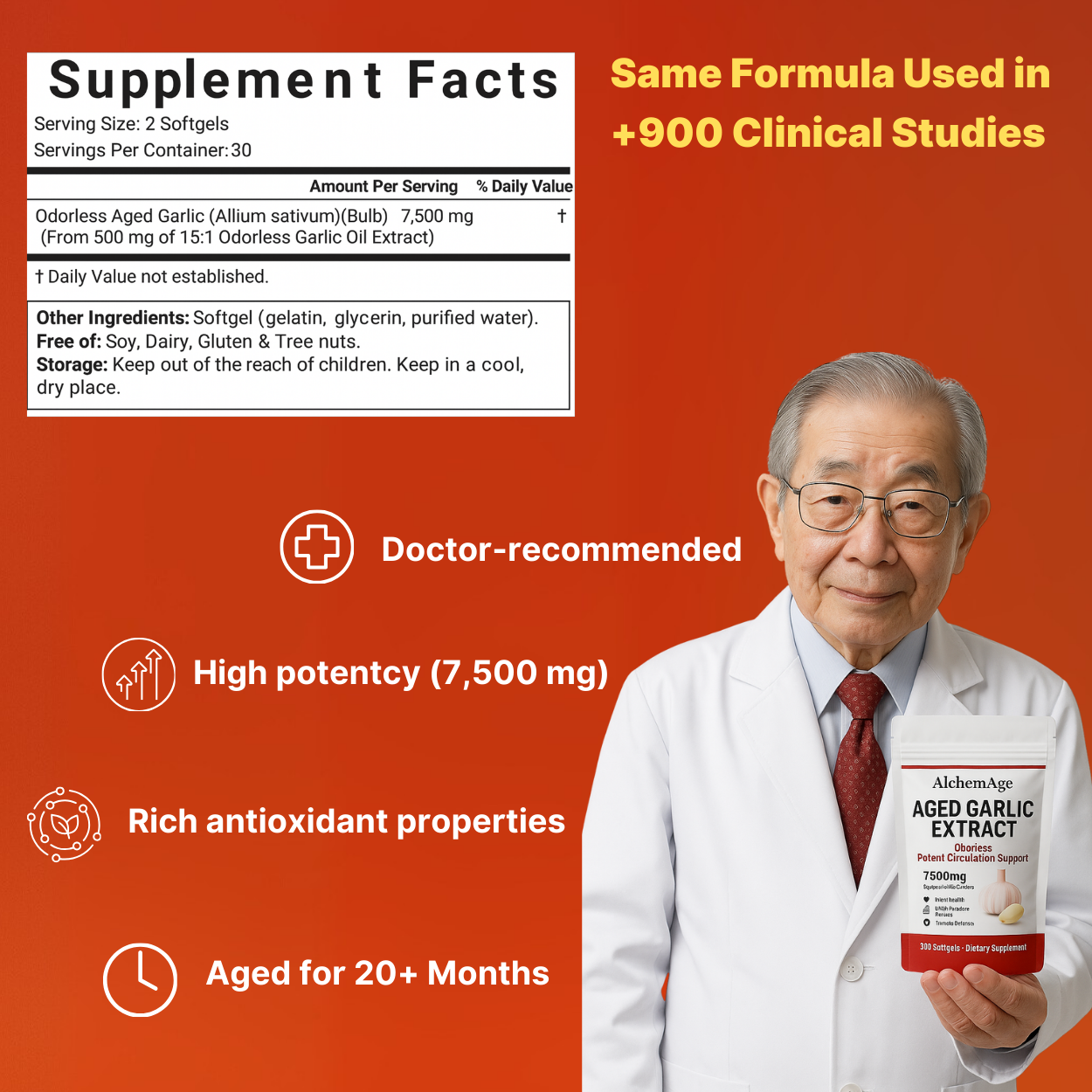 Blood Pressure Supplement - Aged Garlic Extract 7500mg - Odorless - AlchemAge - 30 Day Supply